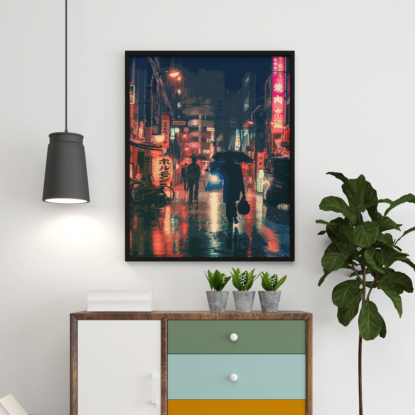 Tokyo Japan Rainy Night Art Print, Photo to Digital Painting Art