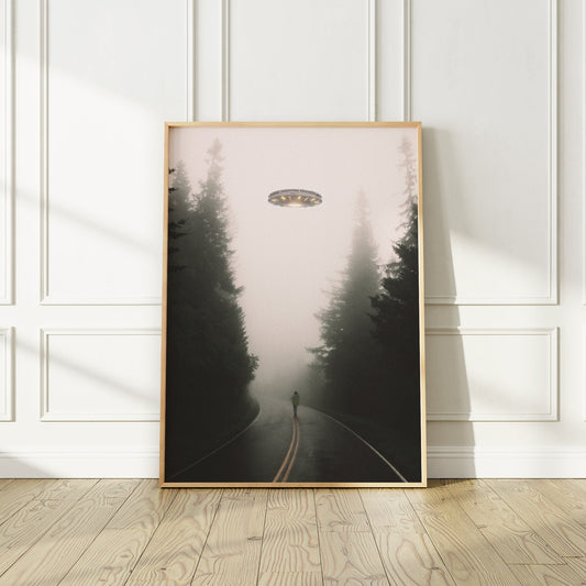 Flying saucer (UFO) above a girl in a forest Poster