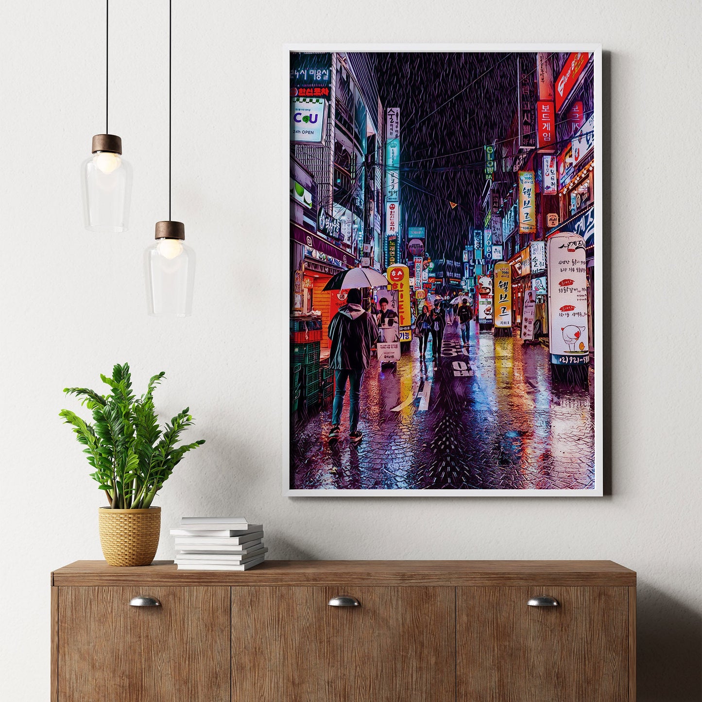 Seoul Rainy Night Poster, Photo to Painting Art Print