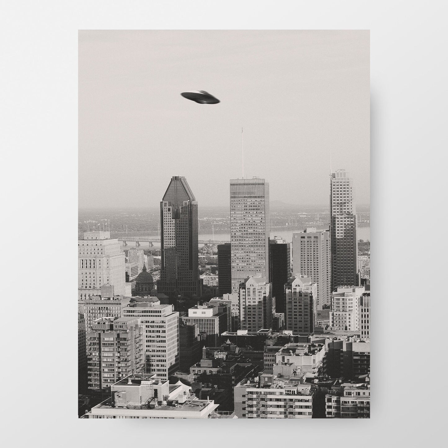 Flying saucer (UFO) above Montreal city Poster