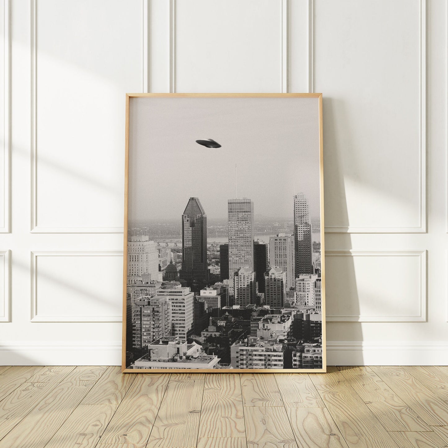 Flying saucer (UFO) above Montreal city Poster