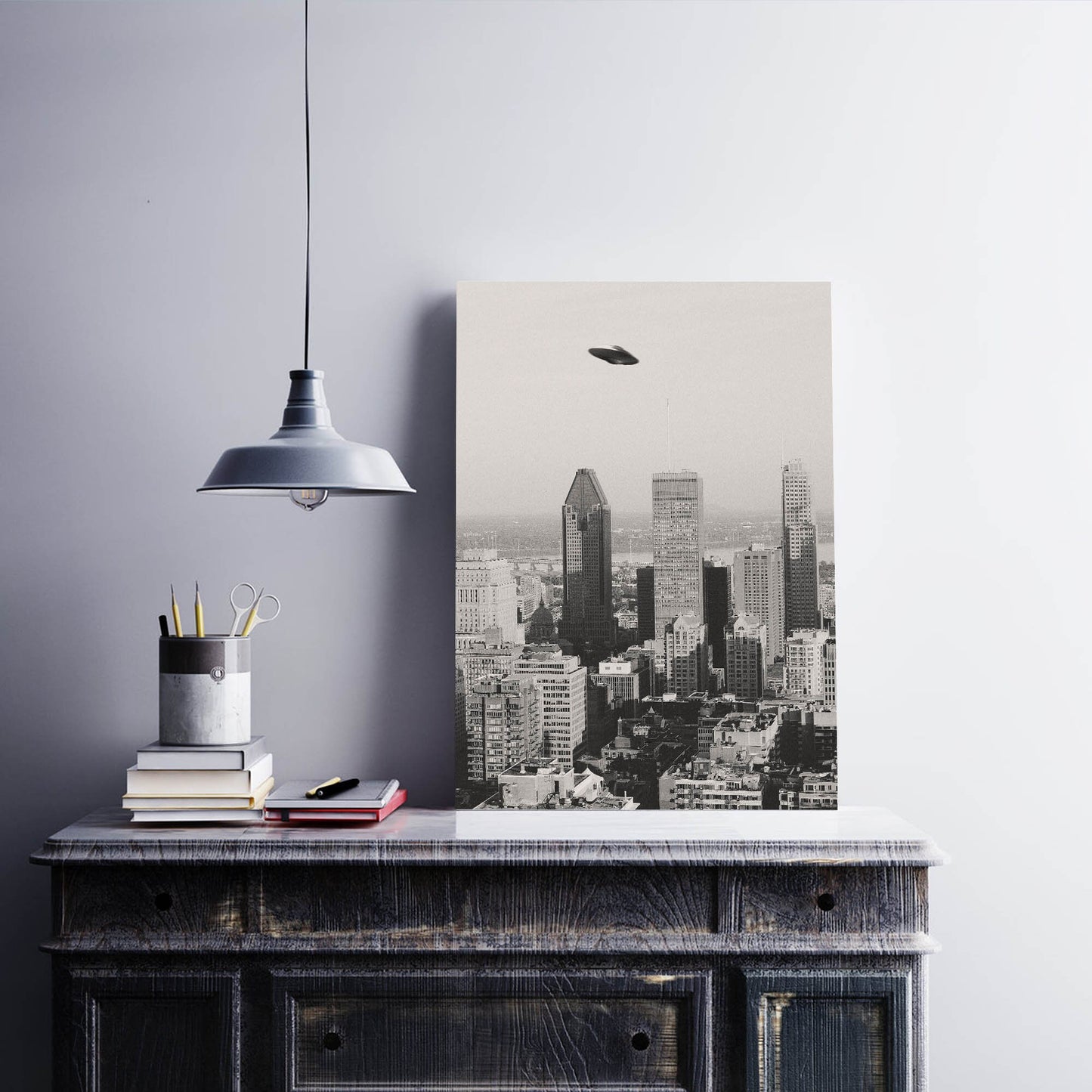 Flying saucer (UFO) above Montreal city Poster