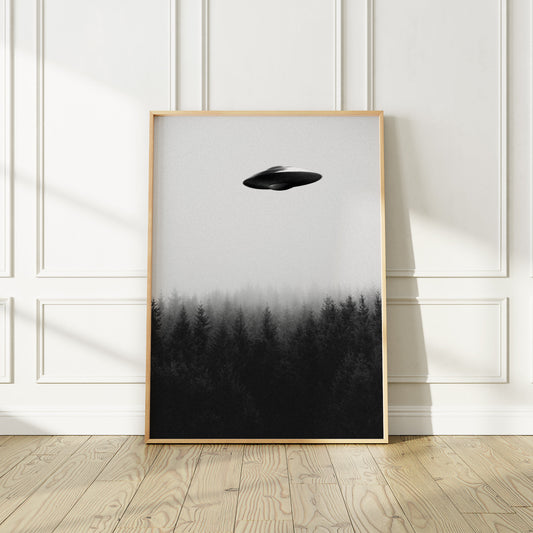 Flying saucer (UFO) above a forest Poster