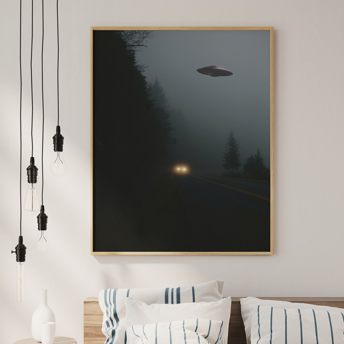 Flying saucer (UFO) Above a car in a forest Poster