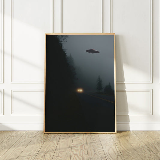 Flying saucer (UFO) Above a car in a forest Poster