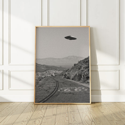 Flying saucer UFO Above Route 66 Poster