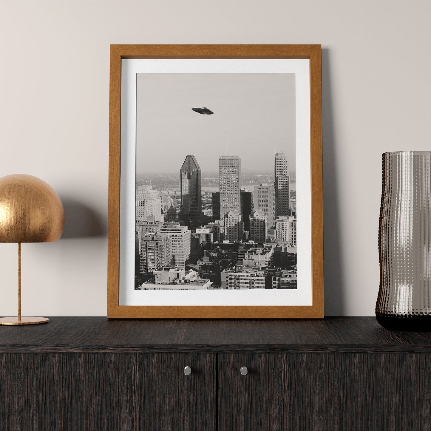 Flying saucer (UFO) above Montreal city Poster