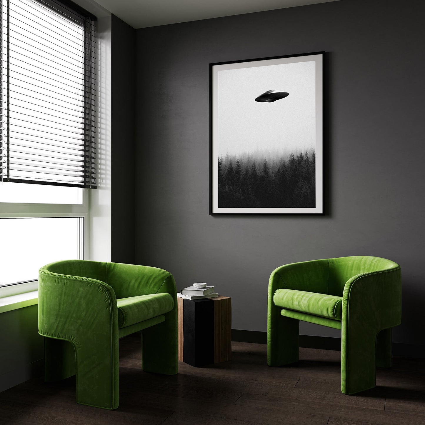 Flying saucer (UFO) above a forest Poster