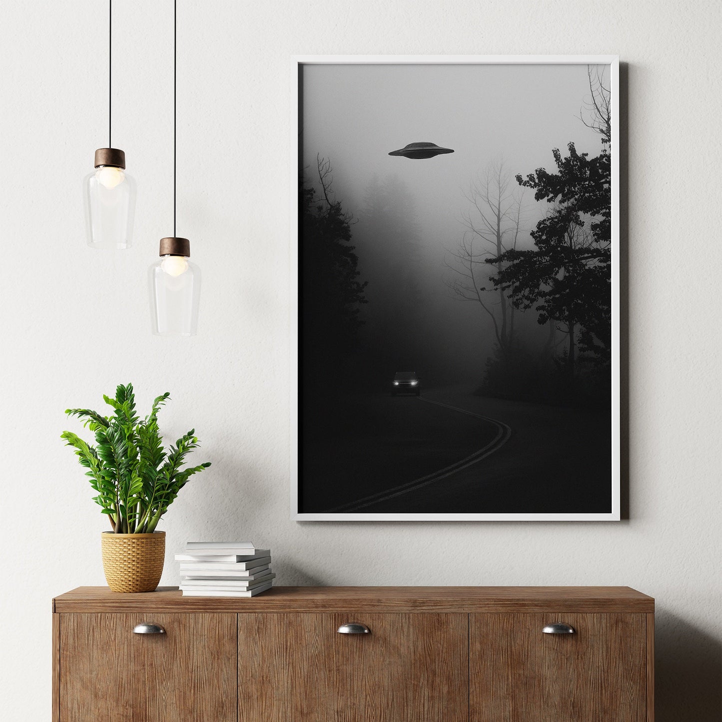 Flying saucer (UFO) above a car in a forest Poster, Black and White Photography print