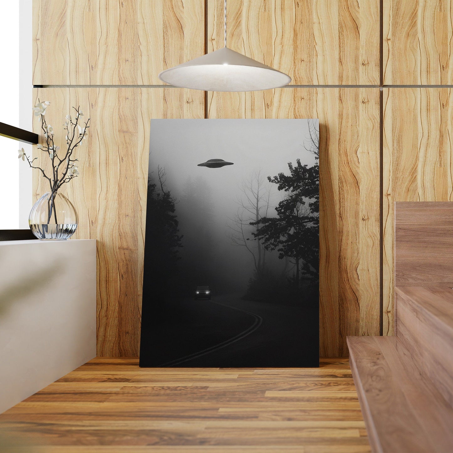 Flying saucer (UFO) above a car in a forest Poster, Black and White Photography print