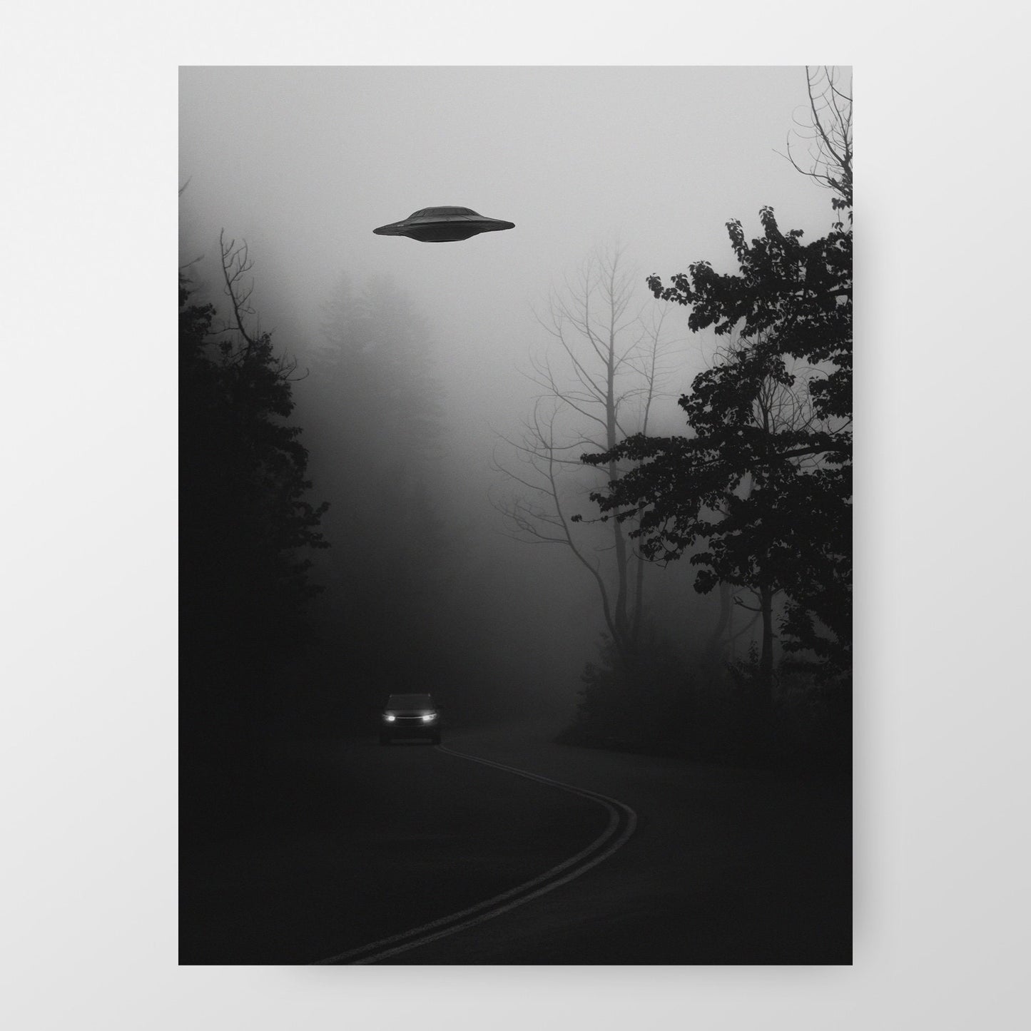 Flying saucer (UFO) above a car in a forest Poster, Black and White Photography print