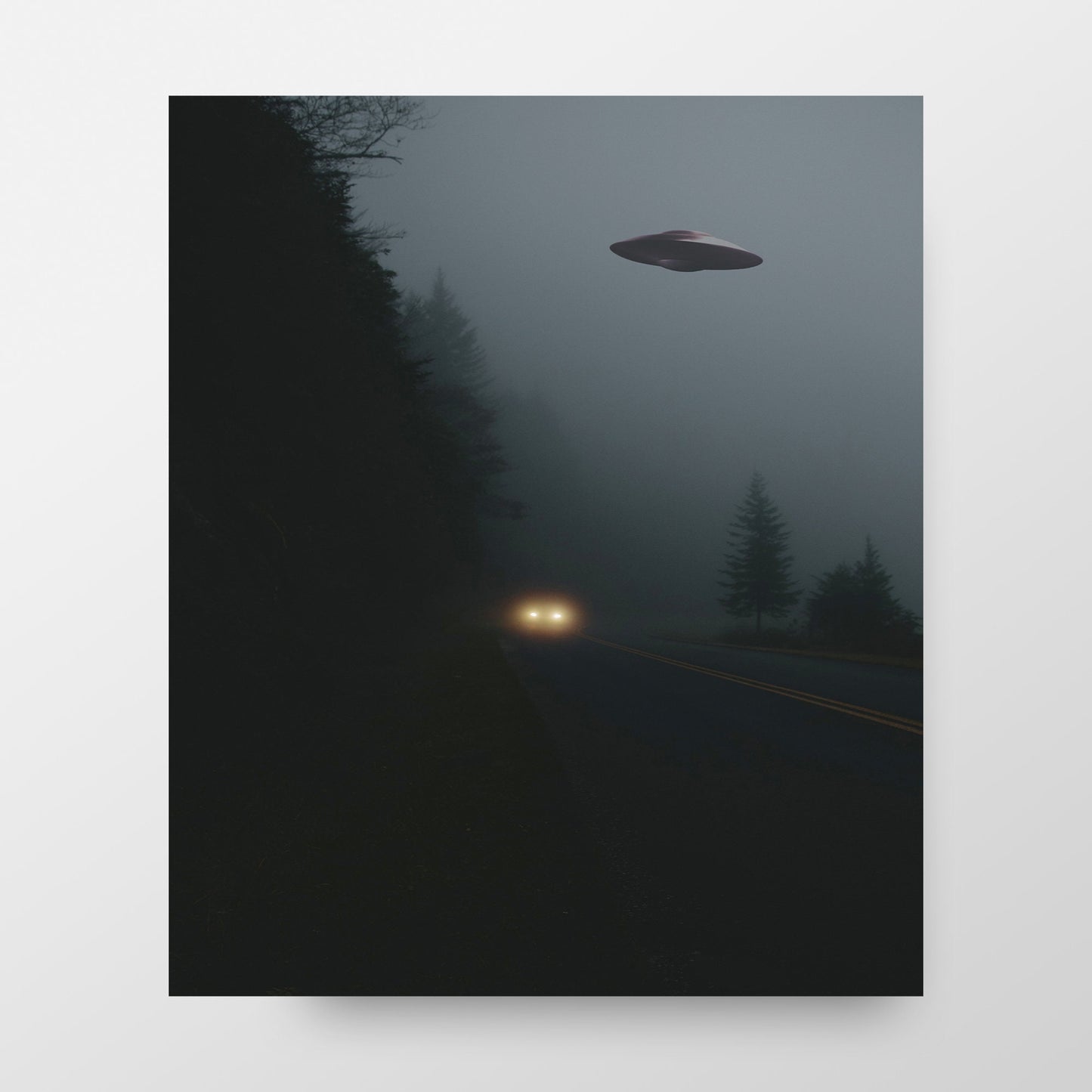 Flying saucer (UFO) Above a car in a forest Poster