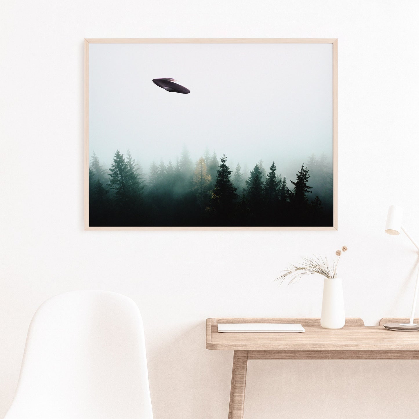 Flying saucer (UFO) above a forest Poster