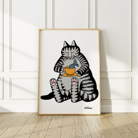 Cat enjoying a cup of tea with a touch of fish, Kliban, 70s, Premium Matte