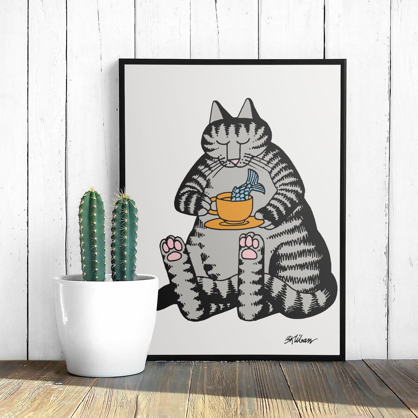Cat enjoying a cup of tea with a touch of fish, Kliban, 70s, Premium Matte