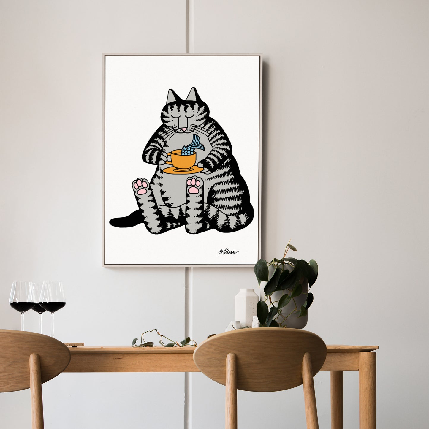Cat enjoying a cup of tea with a touch of fish, Kliban, 70s, Premium Matte