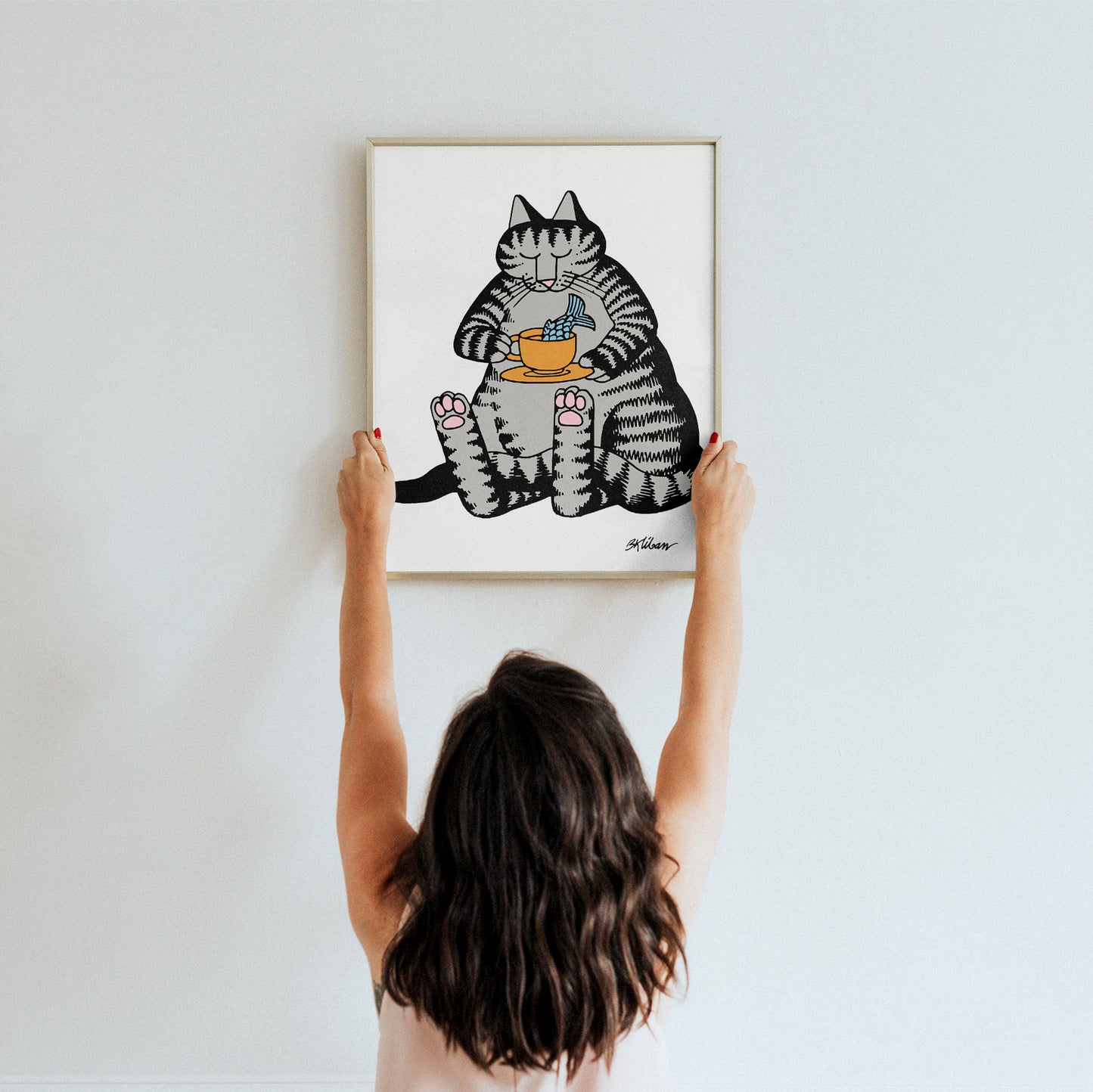 Cat enjoying a cup of tea with a touch of fish, Kliban, 70s, Premium Matte