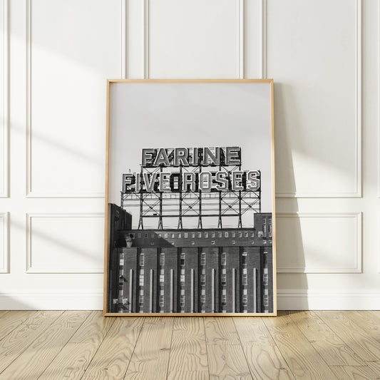 Montreal Iconic "Farine Five roses" neon in Black and White Photography Print