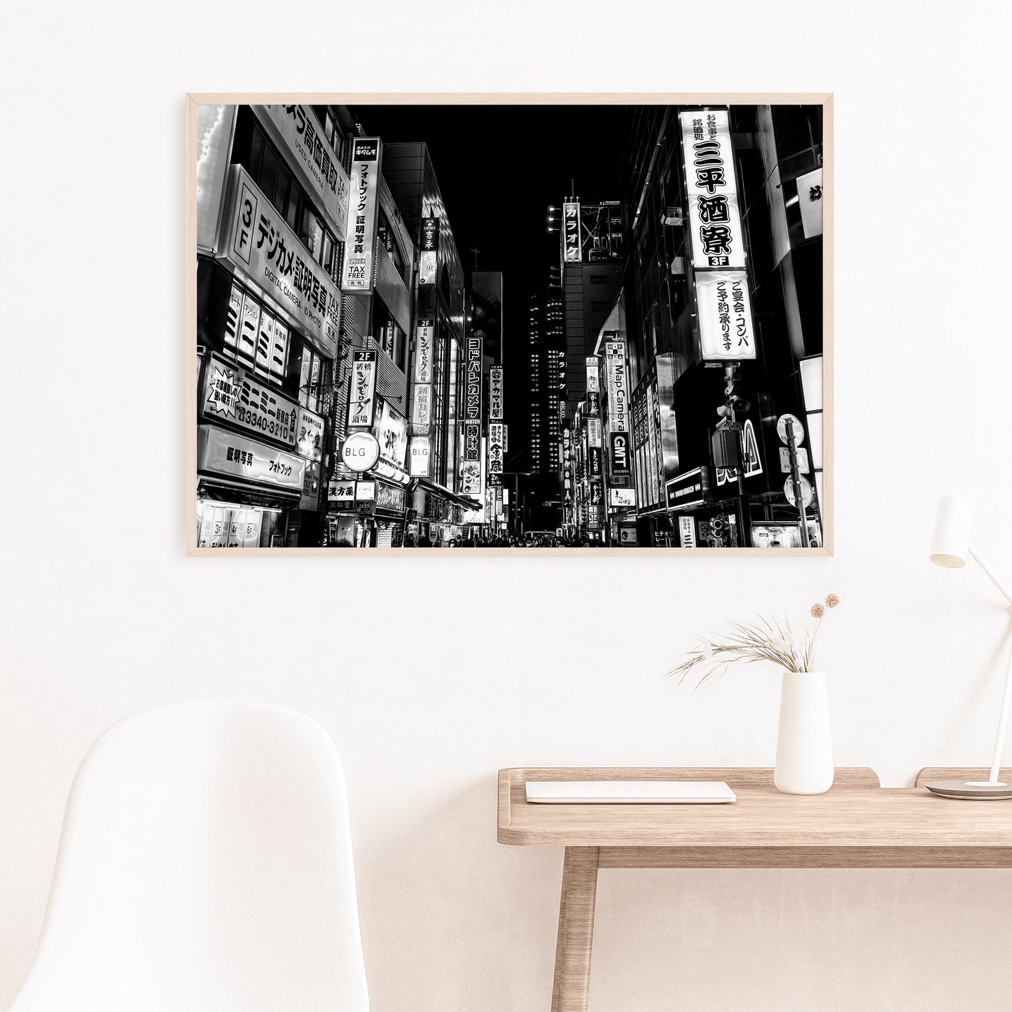 Vibrant Tokyo Japan at Night Black and White Photography Poster