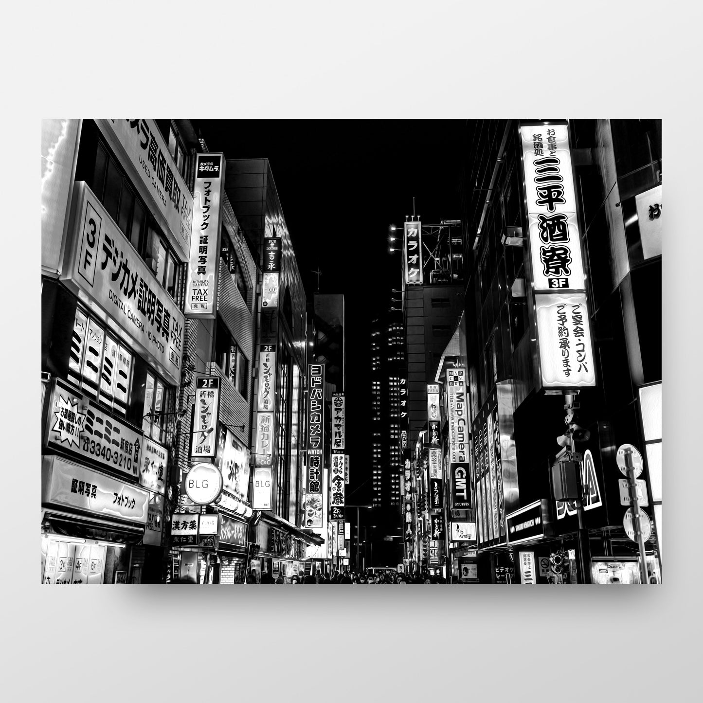 Vibrant Tokyo Japan at Night Black and White Photography Poster