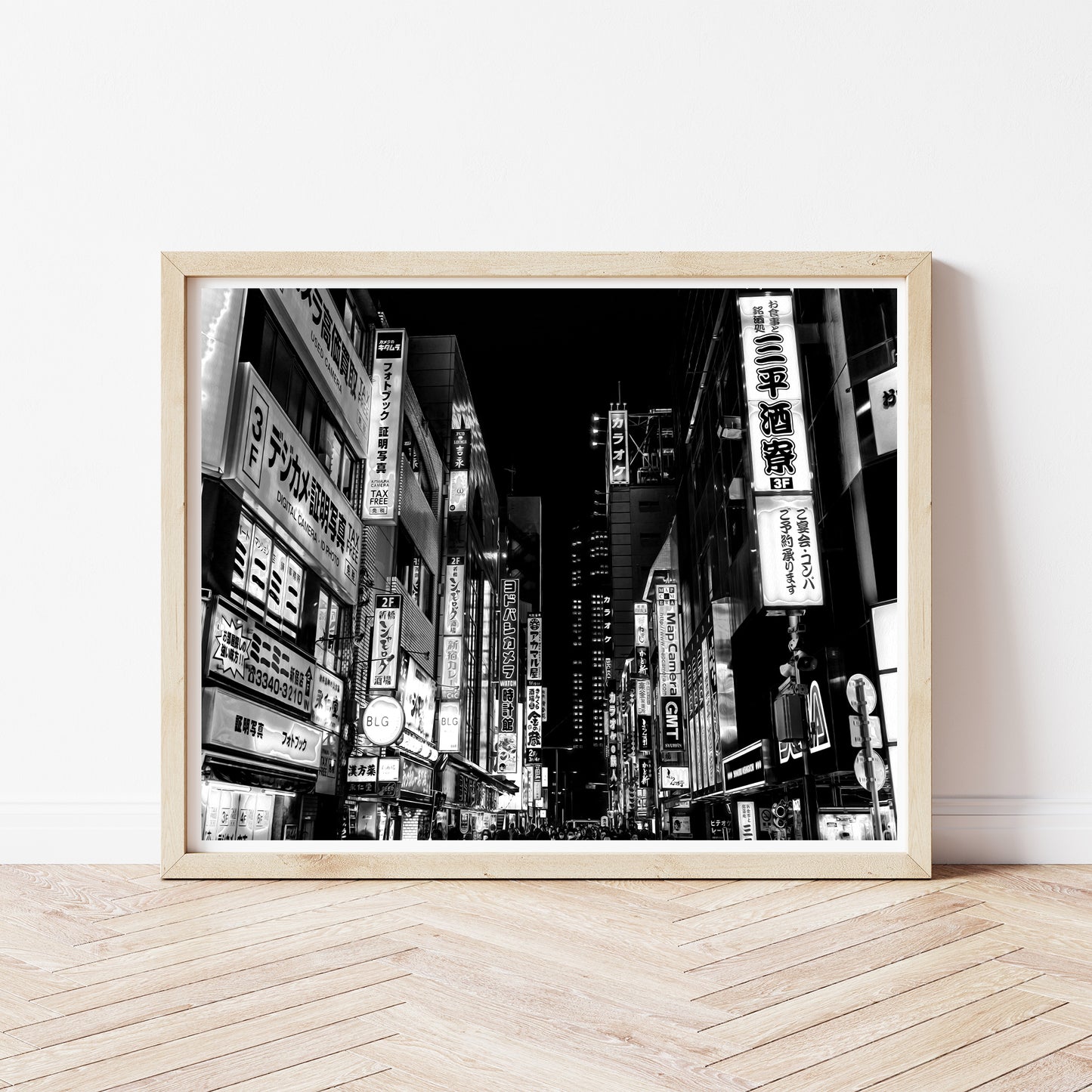 Vibrant Tokyo Japan at Night Black and White Photography Poster