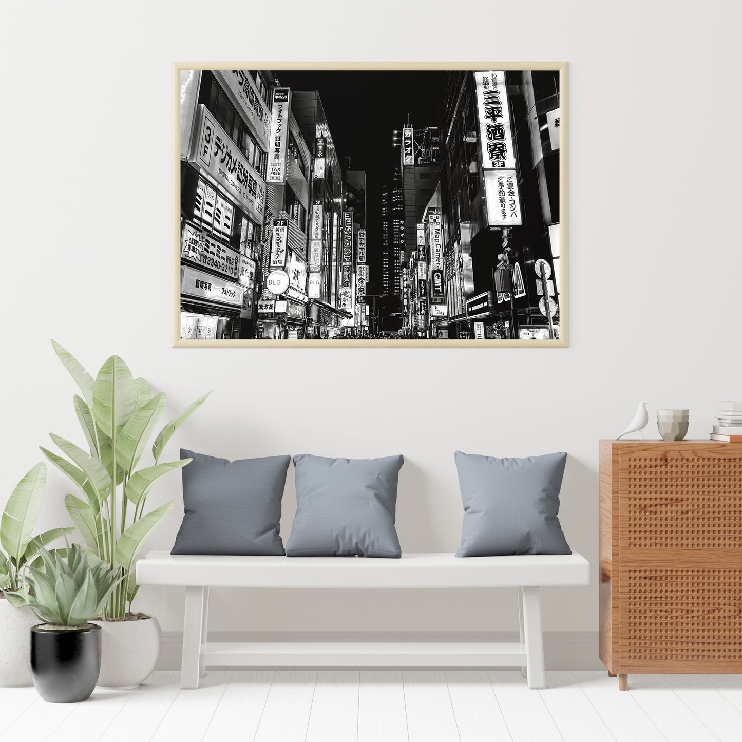 Vibrant Tokyo Japan at Night Black and White Photography Poster