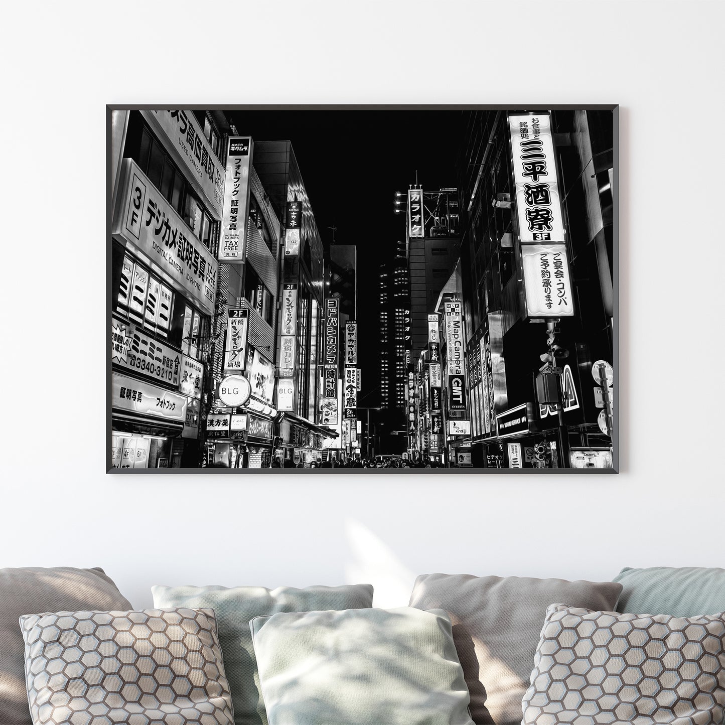 Vibrant Tokyo Japan at Night Black and White Photography Poster