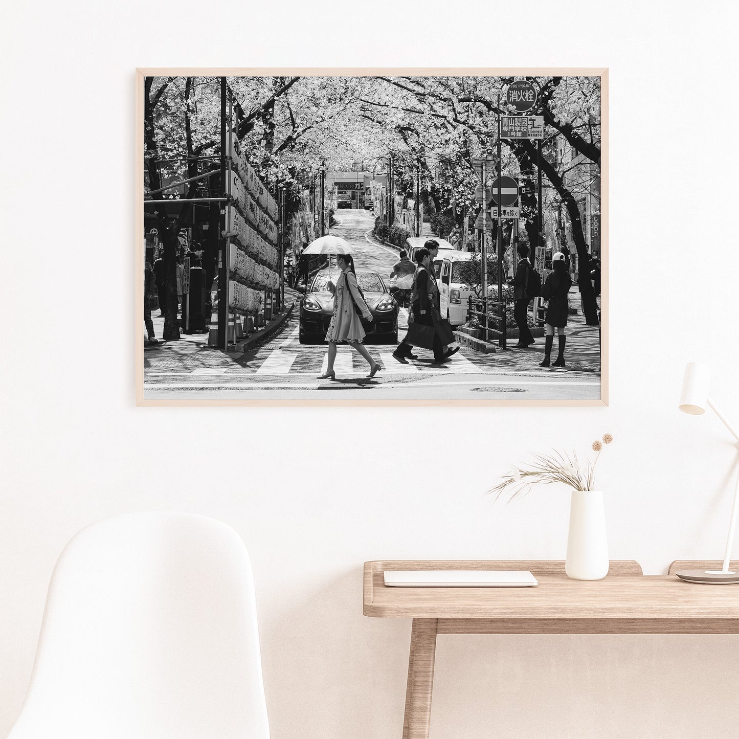 Tokyo Street With Cherry Blossoms Poster, Black and White Photography Print