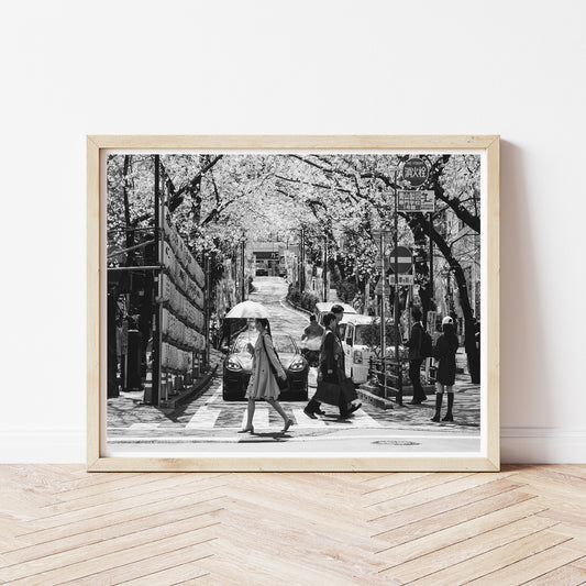 Tokyo Street With Cherry Blossoms Poster, Black and White Photography Print