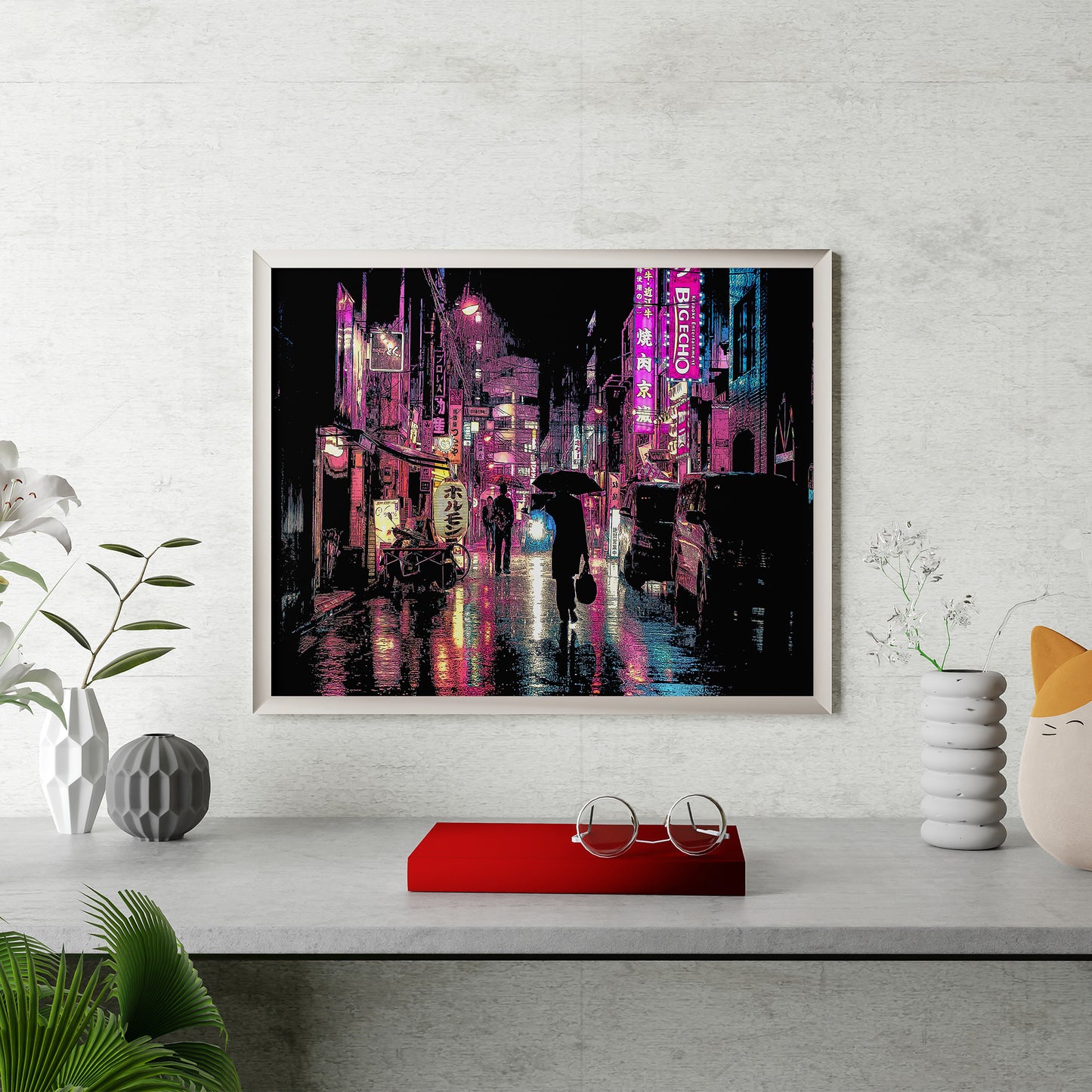 Tokyo at Night Poster, Shinjuku Kabukicho District, Photo to Digital Painting Art Print