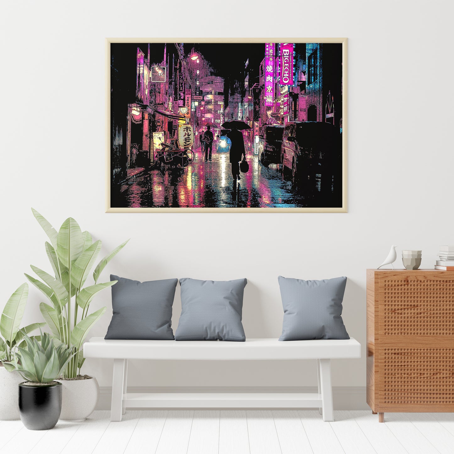 Tokyo at Night Poster, Shinjuku Kabukicho District, Photo to Digital Painting Art Print