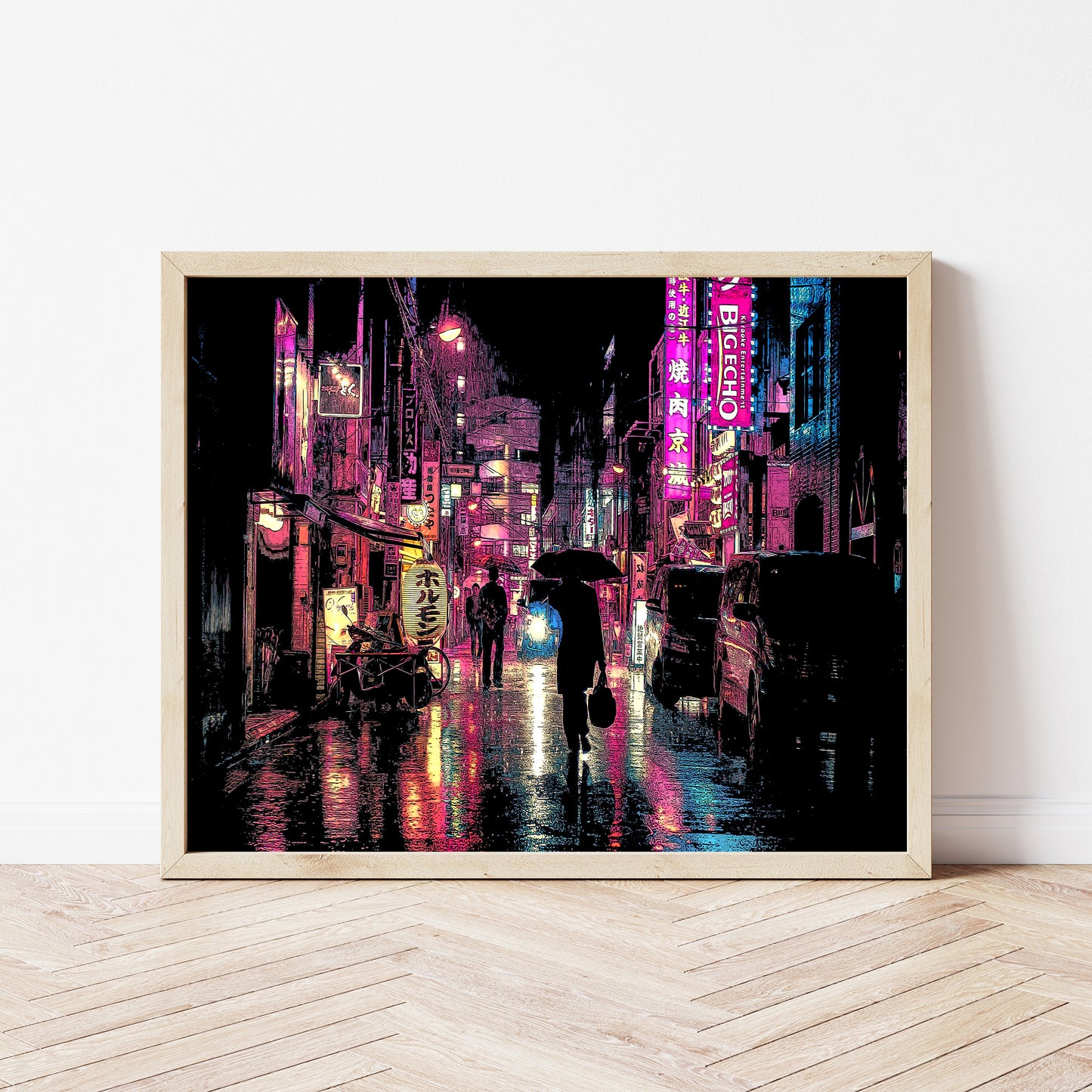 Tokyo at Night Poster, Shinjuku Kabukicho District, Photo to Digital Painting Art Print