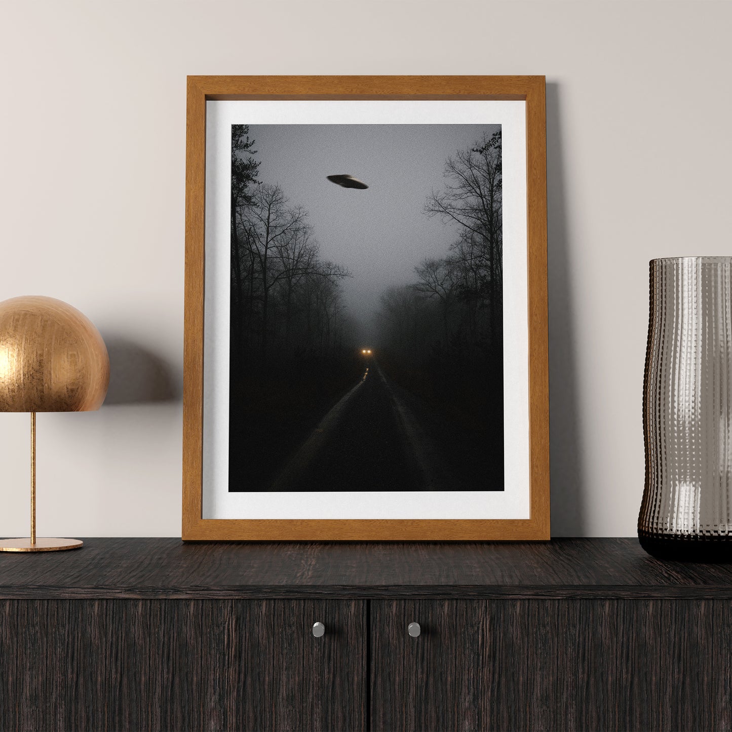 Flying saucer (UFO) Above a car in a forest Poster