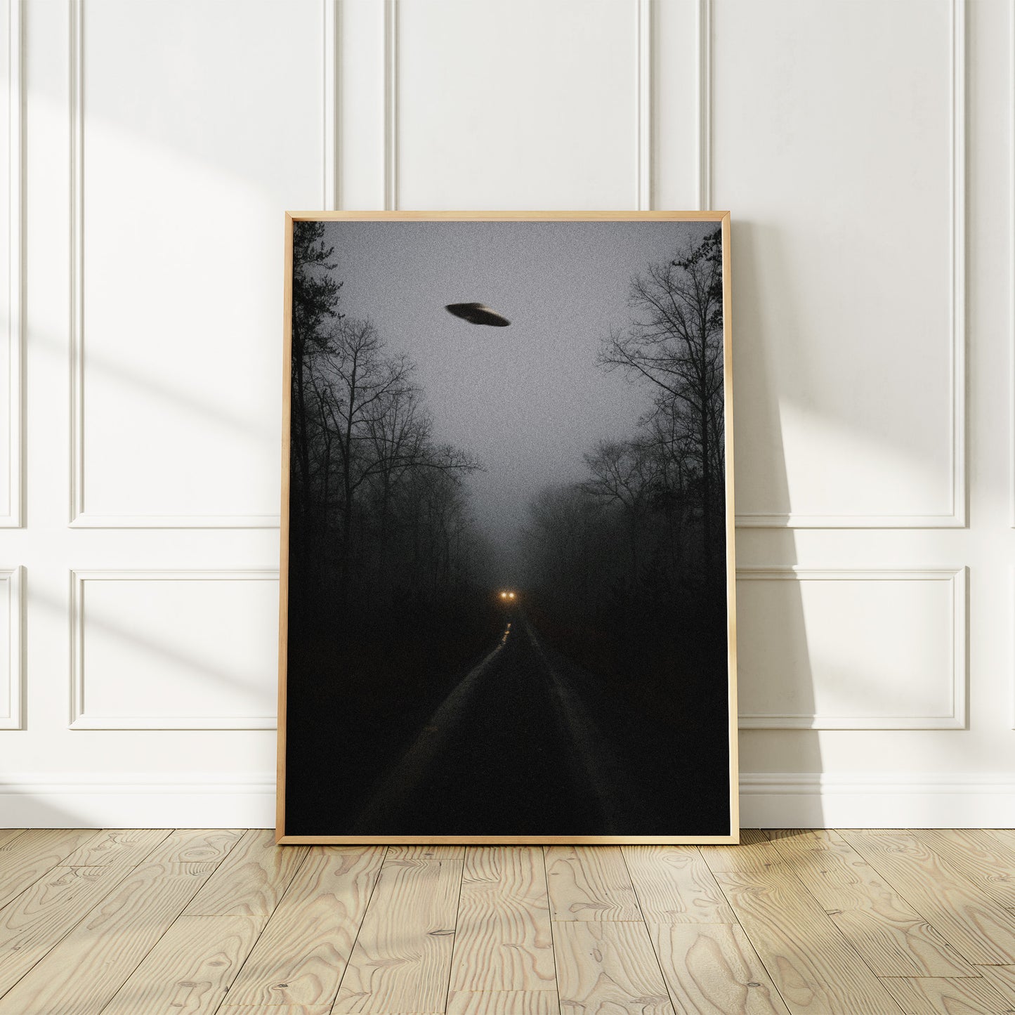 Flying saucer (UFO) Above a car in a forest Poster