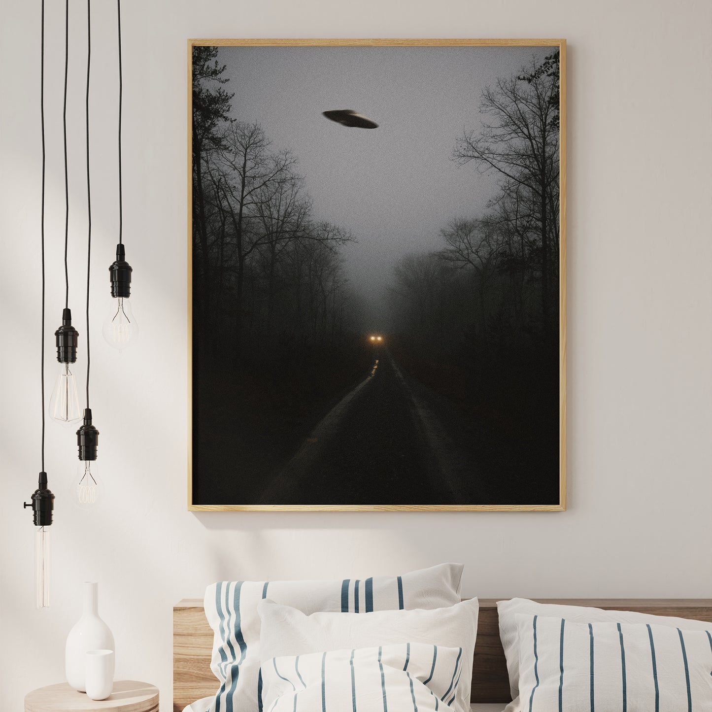 Flying saucer (UFO) Above a car in a forest Poster